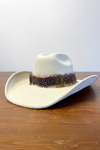 A feather hat decorative band featuring brown and pink dots on feathers.