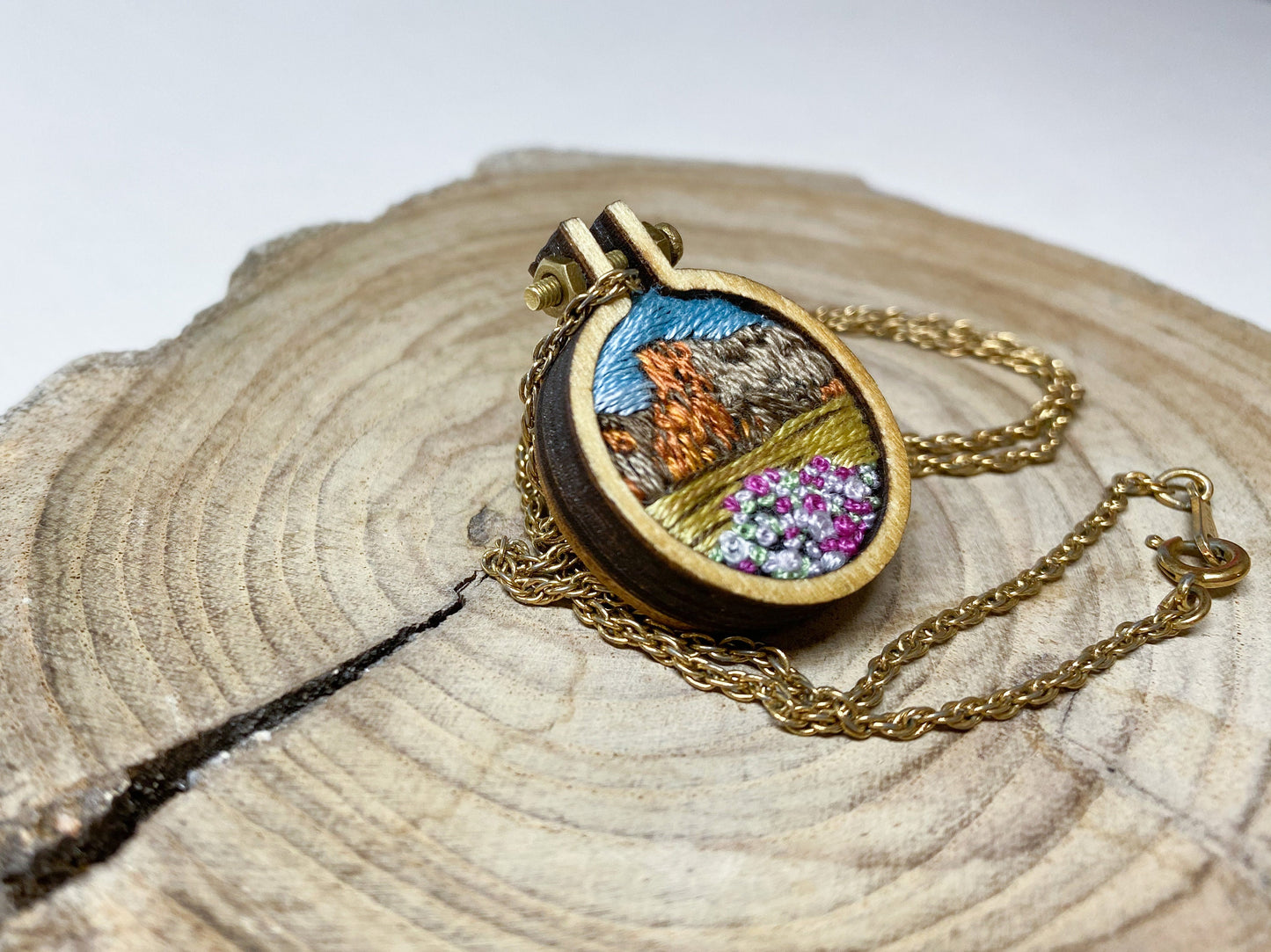 CUSTOM* Hand stitched Landscape Mini hoop / Pendant