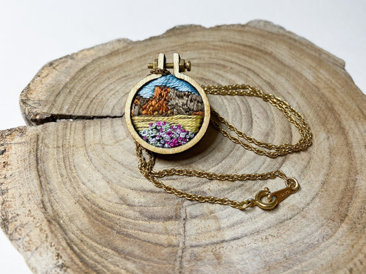 CUSTOM* Hand stitched Landscape Mini hoop / Pendant