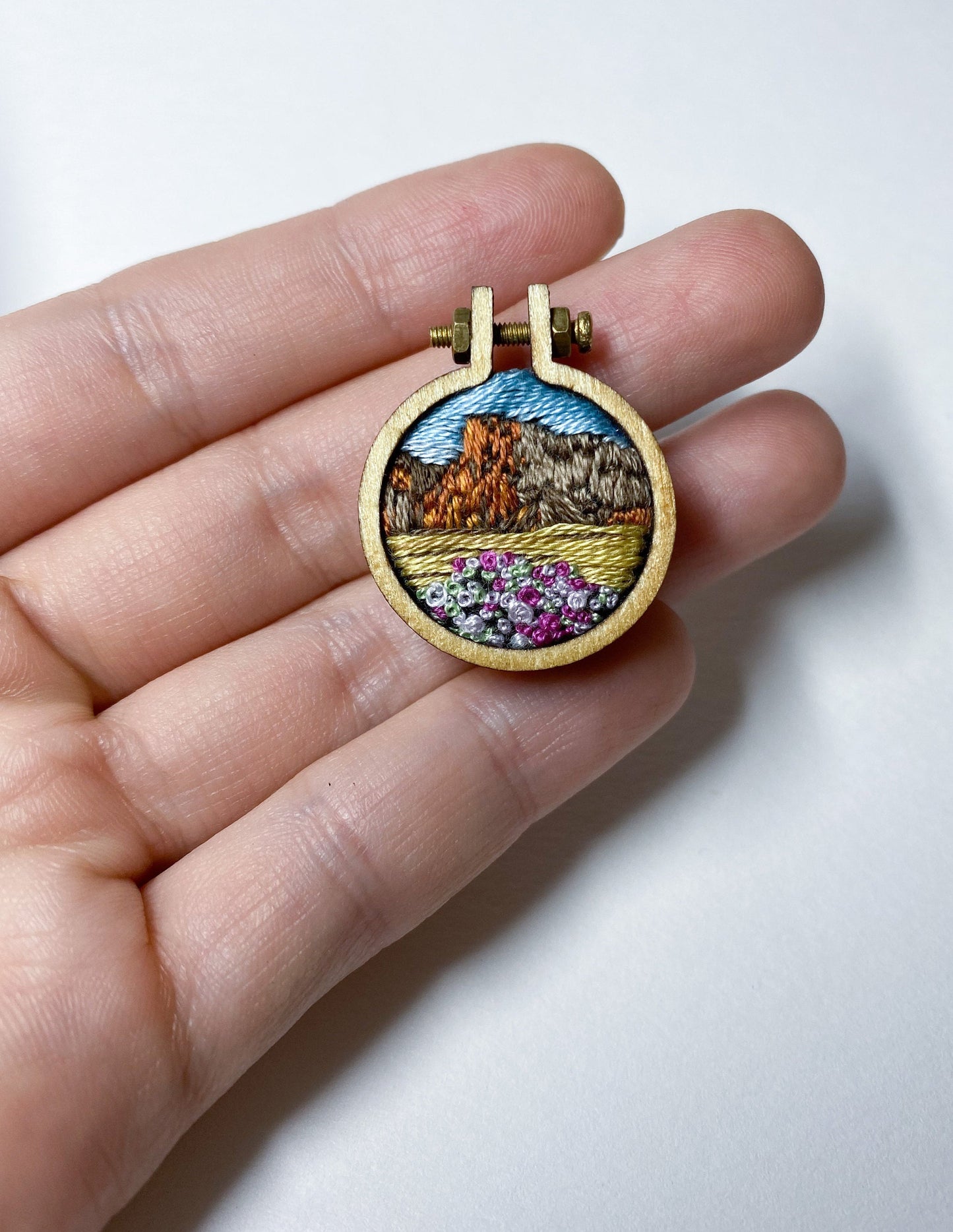 CUSTOM* Hand stitched Landscape Mini hoop / Pendant